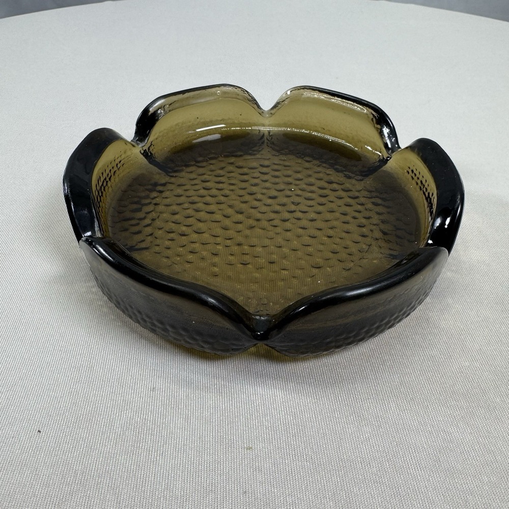 MCM Blenko Smokey Brown Heavy Ashtray Lotus Flower Design With Pebbled Bottom